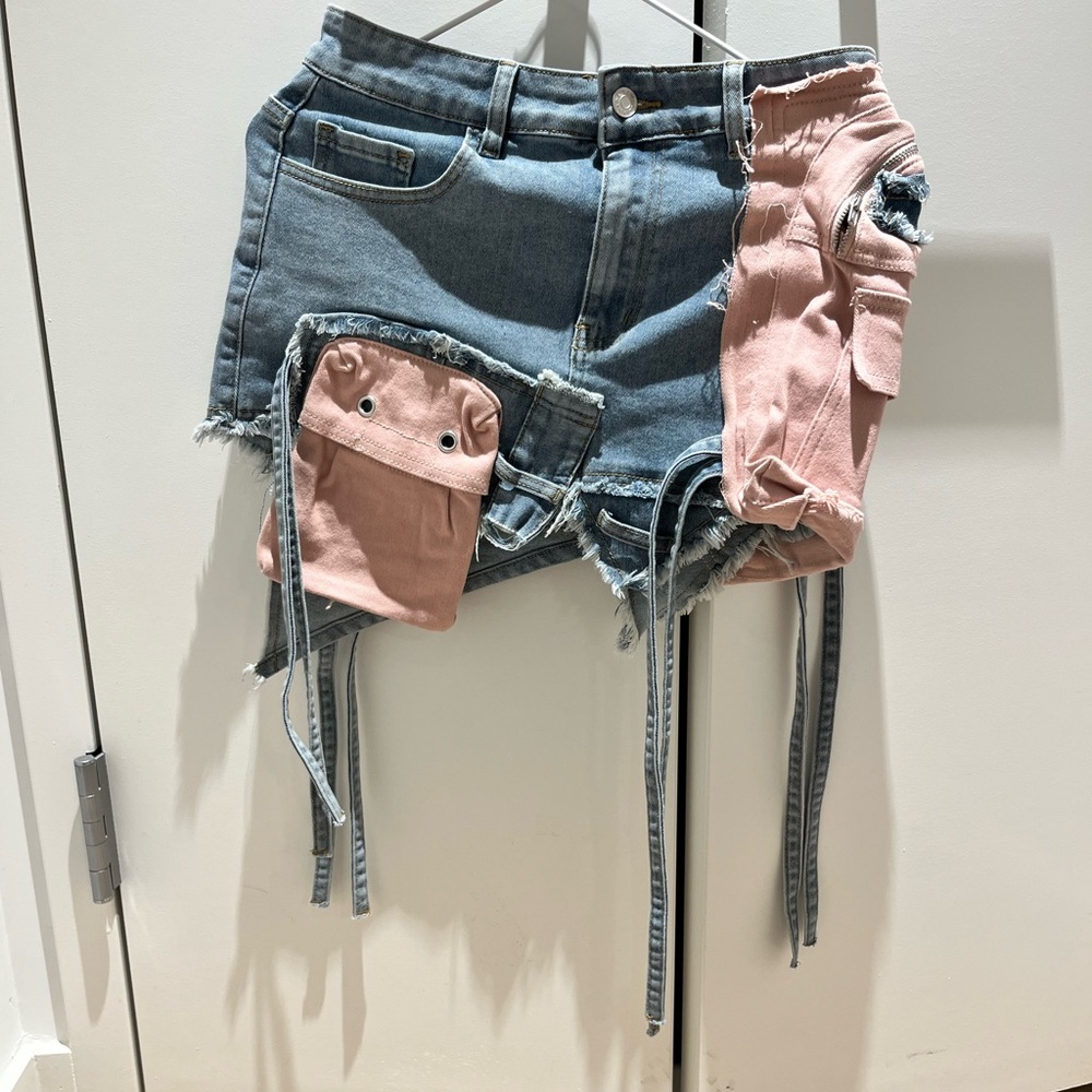 AKIRA Asymmetrical Denim and Pink Skirt